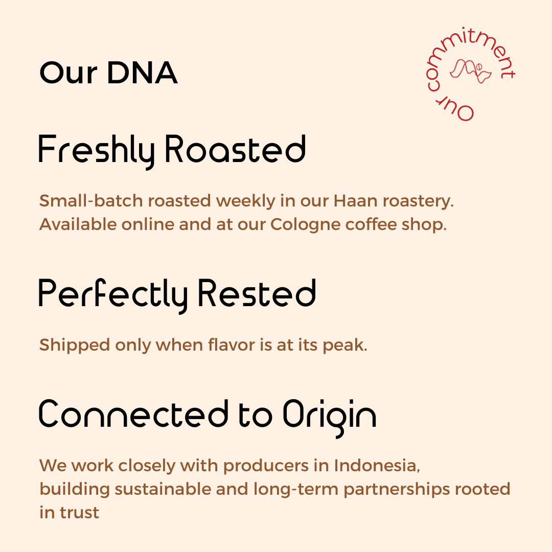 Our DNA Freshly Roasted Small-batch roasted weekly in our Haan roastery, Available online and at our Cologne coffee shop. Perfectly Rested Shipped only when flavor is at its peak. Connected to Origin We work closely with producers in Indonesia,
building sustainable, long-term partnerships rooted in trust.